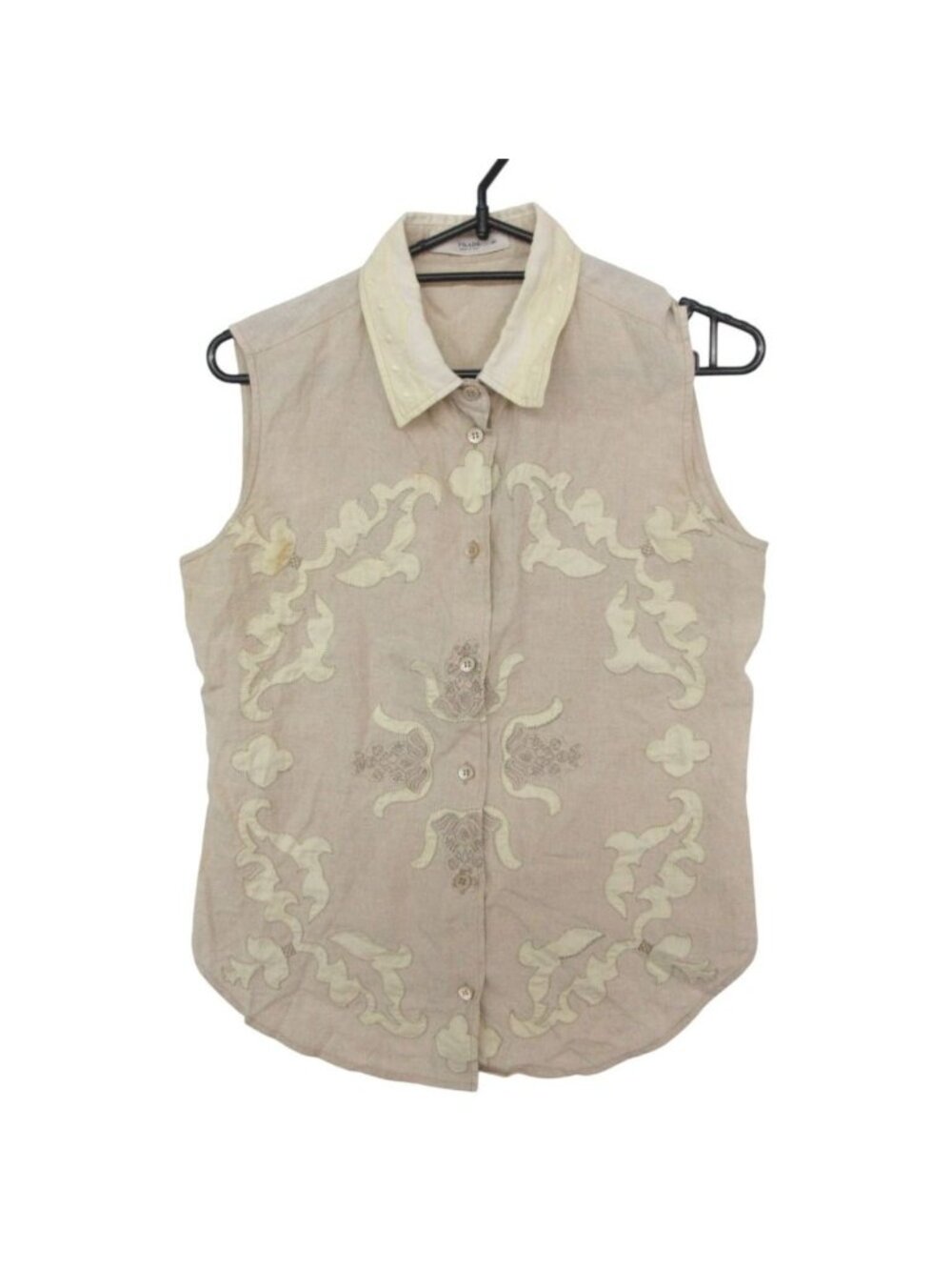 Prada Blouse Linen 100% Flower Embroidery Sleeveless Top Beige